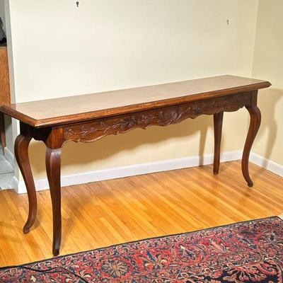Italian Double-Sided Console Table | Italian double-sided wooden console table with cabriole legs and a carved skirt on all sides,...