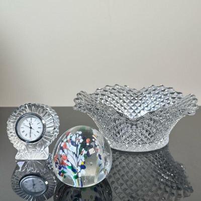 (3pc) Crystal Clock, Crystal Bowl & Glass Paperweight | Small cut-crystal clock in the shape of a seashell with Japanese (Cavan)...