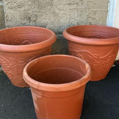 (3pc) All-Weather Outdoor Planter Pots | All-weather large outdoor planter pots with embossed grapevine details.

