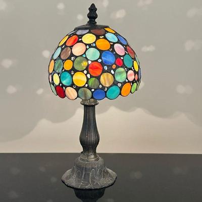 Tiffany Style Stained Glass Lamp | Tiffany style lamp with multicolor dot patterned stained glass and an iron or aluminum alloy base. -...