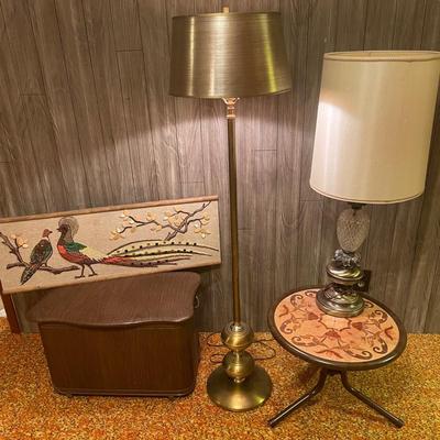MCM Vintage Ornate Brass And Crystal Lamp With Ottoman And Floor Lamp 