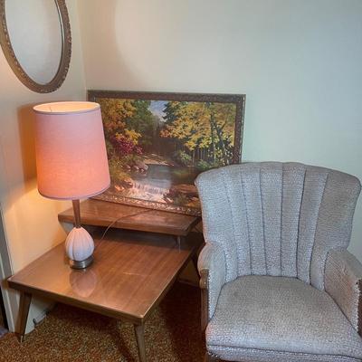 MCM  Table w/ Removable Glass Top And MCM Ceramic Lamp w/ Vintage Upholstered Chair