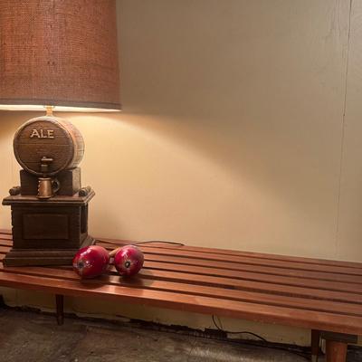 MCM Slat Bench/Table, Vintage Ale Lamp, Vintage Wooden Maracas