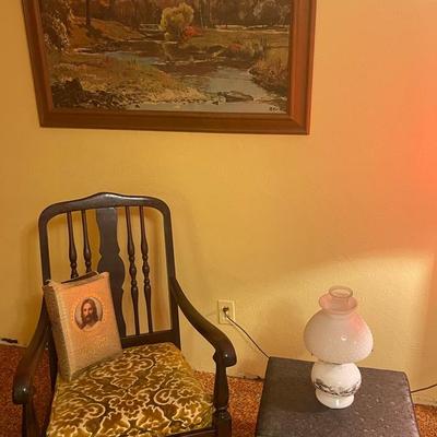 Antique Arm Chair Rocker, 1961 Bible, 1950 Currier And Ives Oil Lantern 