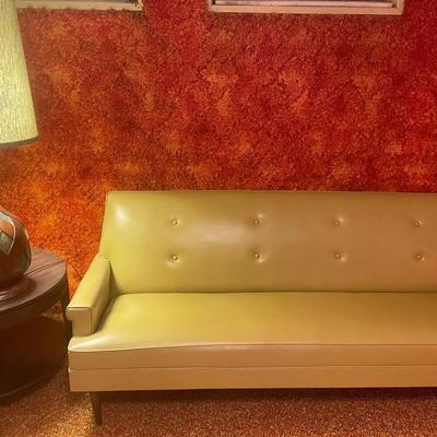 MCM Moss Green Couch With MCM Lamp And MCM Side Table