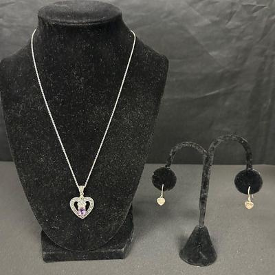 Ct948v 925 silver heart amethyst necklace and 925 heart earrings