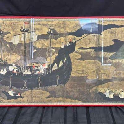 Ct931v portuguese ship entering a japanese harbor framed print