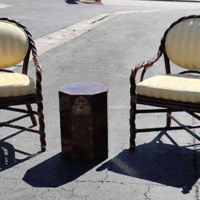 Ct846 2 wooden chairs with cushions 2 round table stands 1 small chest