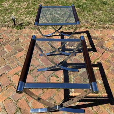 Ralph Lauren style Solid wood and nickel plated beveled glass top matching side tables! 