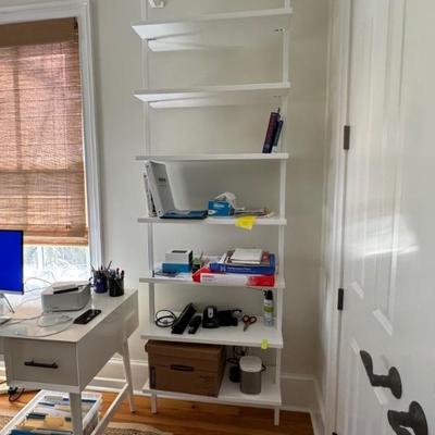 Contemporary white shelf. Measures 96” tall x 12” deep x 30” wide 