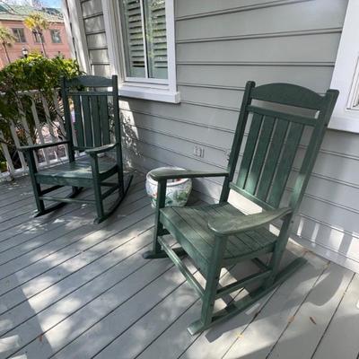 Two outdoor rockers. Measure 43” deep x 33” tall x 26” wide.