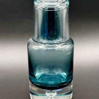 Vintage Krosno Poland Blue Glass Tumble Up Bedside Carafe Bubble Blown Base MCM
