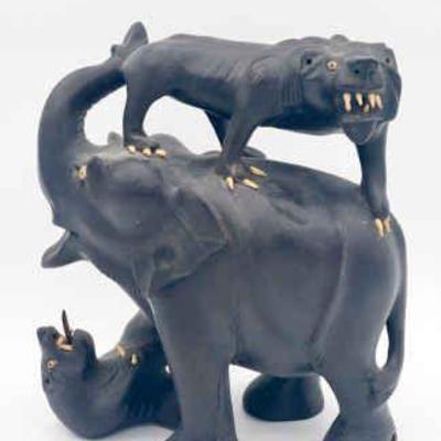 African Wood Carving Of Elephant & Lions

