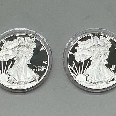 (2) Proof American Eagle Walking Liberty Silver Dollars — One Ounce Fine Silver 2014 & 2015

