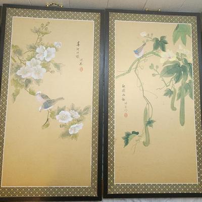 PPE112 - Vintage 4-Panel Hand Painted Silk Screen Birds 