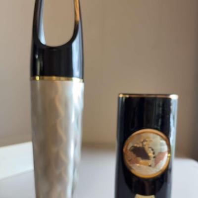 PPE170 Vintage Chokin Art Vase Set - Engraved Silver & Black Lacquer with Gold Trim