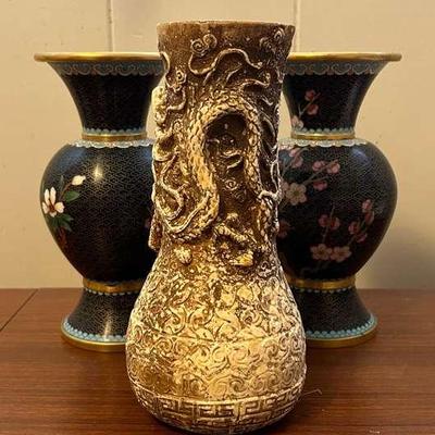 PPE264- 1863 Chinese Cloisonne Vases And A Carved Vase
