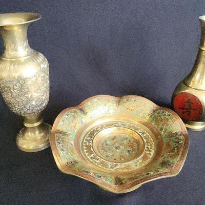 PPE070 - Vintage Brass Pedestal Bowl and Two Brass Vases 