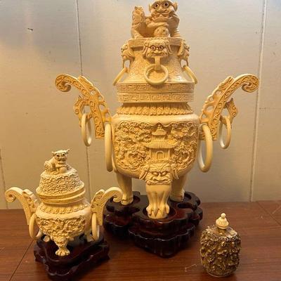 PPE281- “Ivory” Like Vase Carvings 