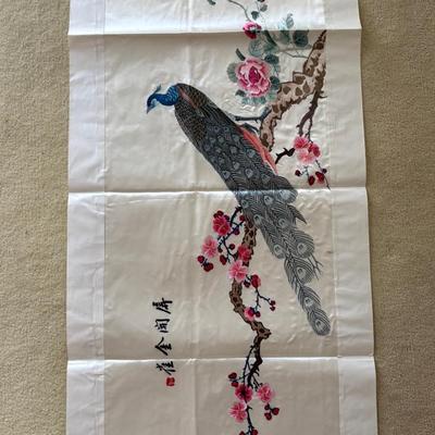 PPE316 Vintage Asian Silk Embroidered Peacock Art Panel