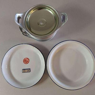 PPE074 Enamel Plates and Aluminum Steamer Bowls 
