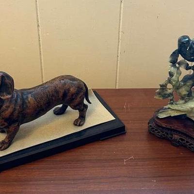PPE282- Jade Like Bird Carving And A Metal Dachshund