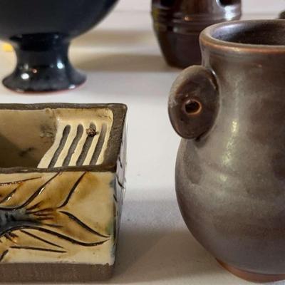PPE272 Handcrafted Ceramic Soap Dish with Fish Motif & Small Pottery Vase with Handles