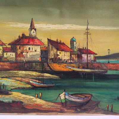 Painting Of An Old World Harbor- Artist Unknown 