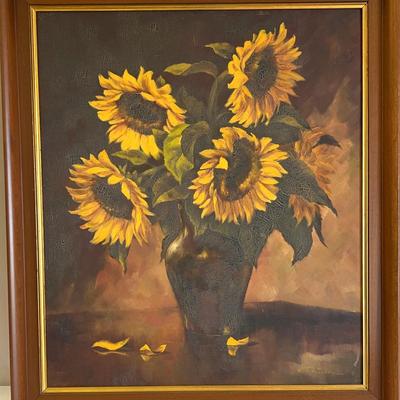 Vintage Oil Painting on Canvas of Sunflowers, Signed, And Dated