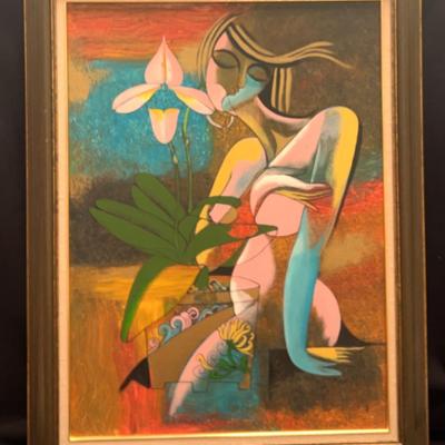 Framed Figurative Art Painting with Abstract Elements 