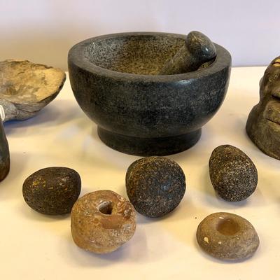 Stone Works!  Casa Maria, Mortar and Pestle with Vintage Elegua Head Santeria Statues
