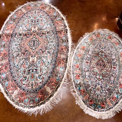 Vintage Kashmiri Silk Hand Knotted Oval Area Rugs made between 1920-40's, India.