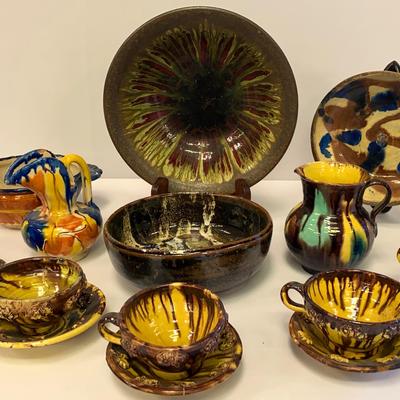 Various Pottery Pieces Including Mexican Dripware Teacups And Saucers