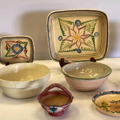 Variety of Mexican PotteryTrays & Vintage Glazed Ceramic Punch Bowl