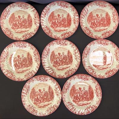 8 Johnson Brothers Coaching Scene PinkRed Dinner Plate