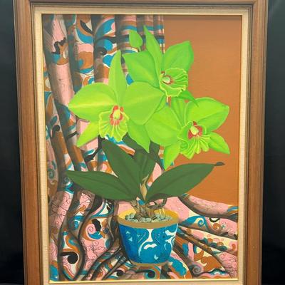Green Floral Painting on Canvas signed by Wiese Bootson Tahitian Artist
