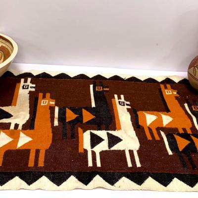 Raymond Colly Pottery Bowl (signed), South American Alpaca Tapestry, Clay Water Pitcher