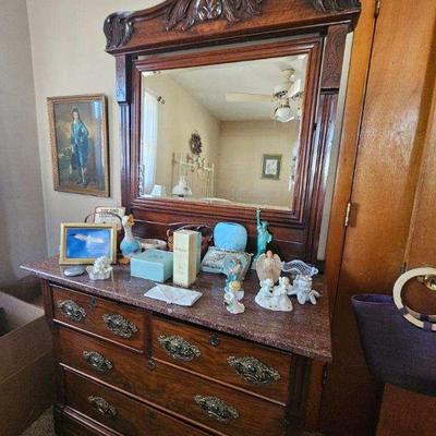 Marble topped bureau with brass pulls