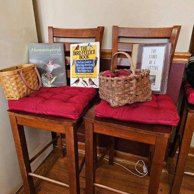 Four wooden bar stools and Longaberger basket