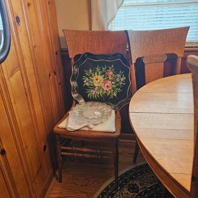 Four pressback oak wooden dining room chairs and Tole painted metal tray