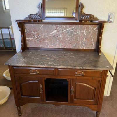 SKU B22 ANTIQUE ENGLISH WASHSTAND WITH MARBLE TOP.  43 W BY 56 H BY 19 D.  
$300