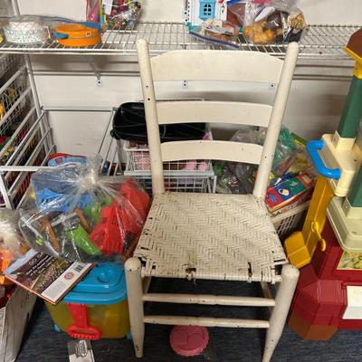 Vintage White Child’s Wooden Chair - A charming and vintage child’s wooden chair, perfect for a playroom, dollhouse, or as an accent...