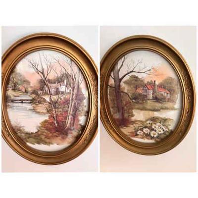 (2) Oval Framed House From Afar Prints
