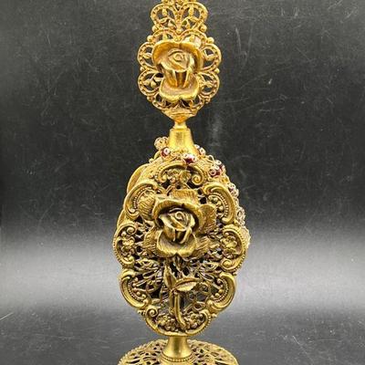 Vintage Ormolu Perfume Gold Gilt Filigree Pierced Footed Bottle
