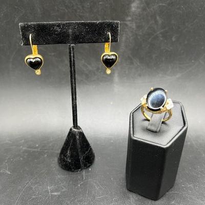 Costume Jewelry — Black Heart Earrings & Ring
