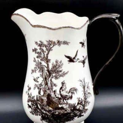 vintage Chinoiserie black and white transferware toile pitcher

