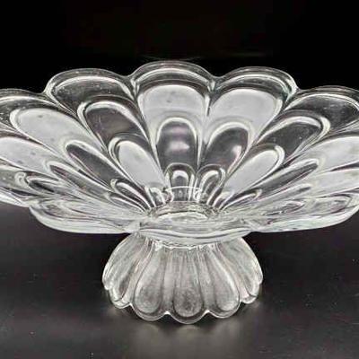 VTG Bohemian Glass ART DECO FROSTED & CLEAR PEDESTAL SCALLOPED BOWL~CENTERPIECE
