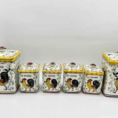 (6) Early Provincial Underglaze Hand Painted Kitchen Canisters
