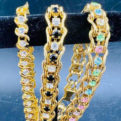 (3) Sparkling Rhinestone Gold Tone Tennis Bracelets
