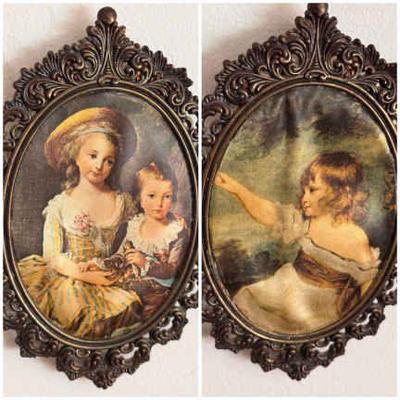 (2) Ornate Metal Oval Framed Fabric Images
